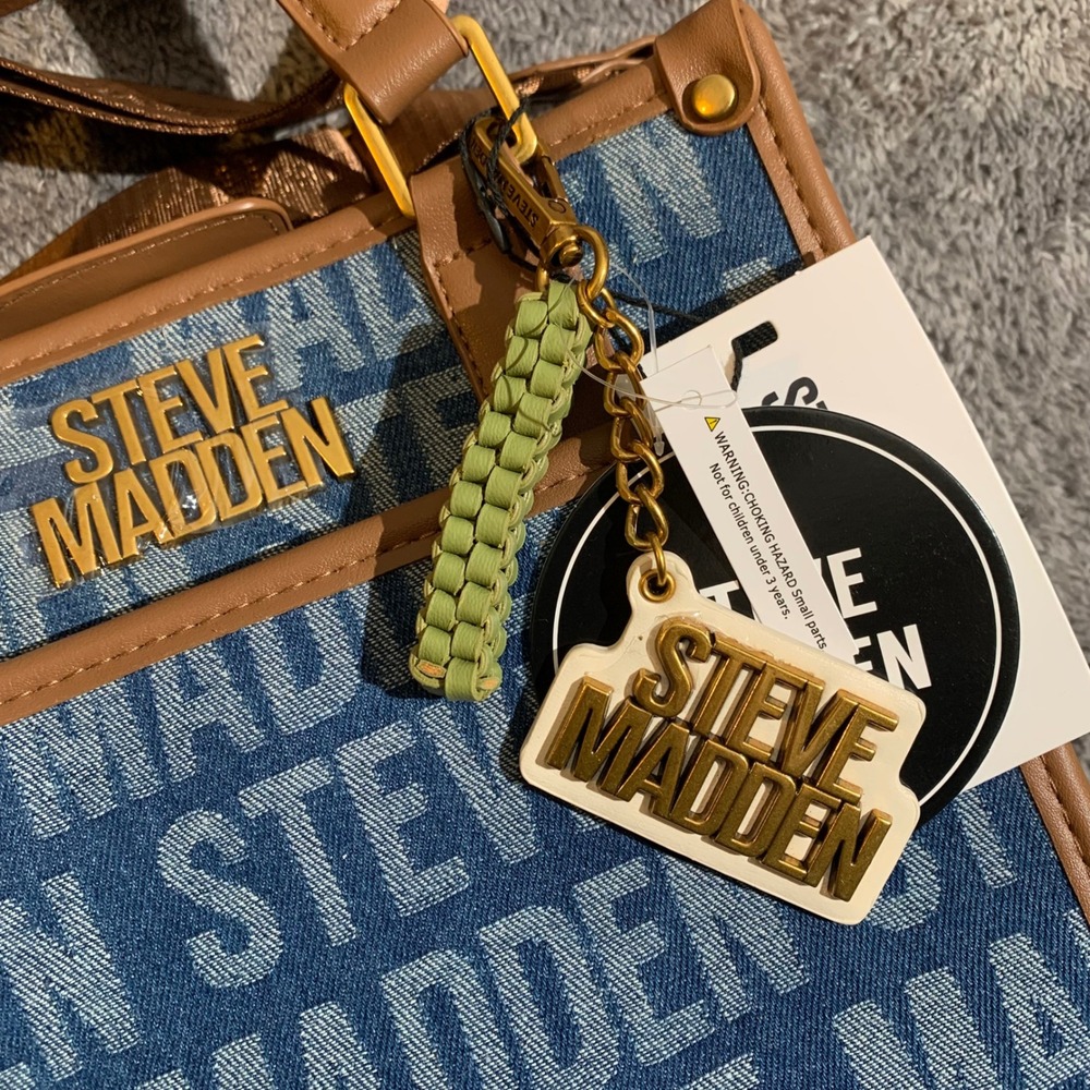 Steve Madden Womens Logo Print Denim Crossbody Bag Mini Tote Tan Blue NWT - Picture 2 of 9
